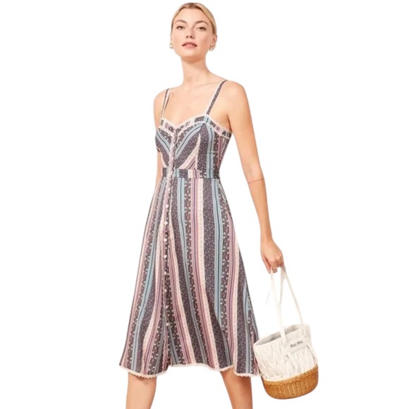 Reformation Dresses & Skirts - Reformation The Heidi Sandalwood Dress Size 8 Lace Trim Cottagecore Striped Boho
